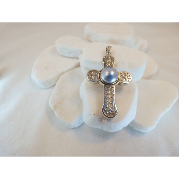 Vtg Sterling Silver Filigree Cross Pendant with Bezel Set Mabe Pearl - Picture 6 of 8